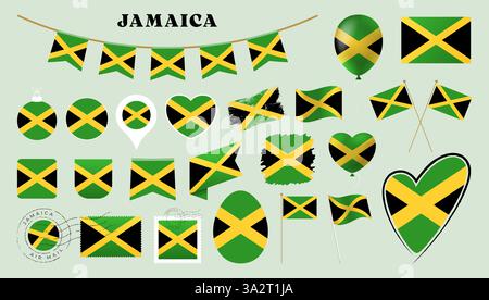 drapeau jamaïcain fixé. Divers drapeau national collection avec différentes formes comme le coeur, bouclier, oeuf de pâques, emplacement, cercle, tad, grunge, carré, r Illustration de Vecteur