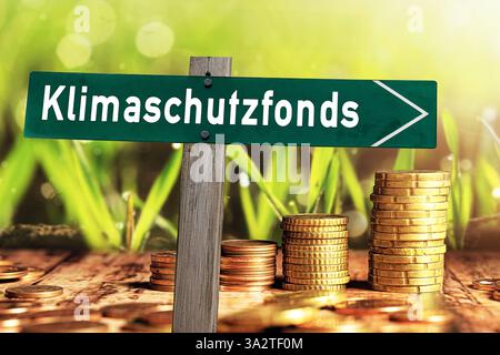 Bavière, Allemagne - 13 mars 2025 : FOTOMONTAGE, un panneau avec l'inscription Climate protection Fund devant des piles de pièces symbolise l'investissement de l'État dans des projets durables et le financement de mesures de lutte contre le changement climatique *** FOTOMONTAGE, ein Schild mit der Aufschrift Klimaschutzfonds vor Münzstapeln für steht sinnbildlich Bekämpfung staatliche Invtionen in nachhaltige Projekte und die Finanzierung von Maßnahmen zur des Klierwels. Banque D'Images