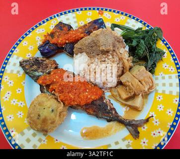 Nasi Padang cuisine indonésienne de Sumatra Ouest avec poisson frit, patty de pommes de terre, curry de jackfruit, aubergines au piment, feuilles de manioc et rendang. Banque D'Images