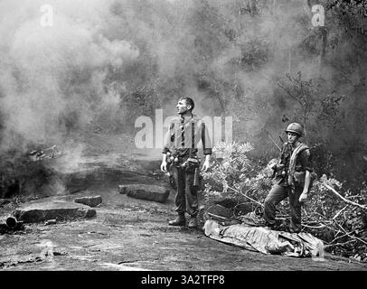 SP4 R. Richter, 4e bataillon, 503e infanterie, 173e brigade aéroportée avec le sergent Daniel E. Spencer en attendant l'hélicoptère pour transporter camarade déchu, province de long Khanh, République du Vietnam, U.S. Army signal corps, 1966 Banque D'Images