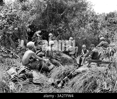 Membres des compagnies B et d, 1er bataillon, 501e régiment d'infanterie, 101e division aéroportée, Taking break from jungle Fighting East of Tam Ky, Vietnam, U.S. Army signal corps, 2 juin 1969 Banque D'Images