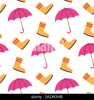 Motif coloré avec des bottes de pluie et des parapluies sur un fond blanc Illustration de Vecteur