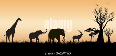Silhouette d'éléphants, d'Impala et de girafe sur fond de coucher de soleil jaune Illustration de Vecteur