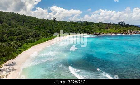 Plage de sable blanc avec forêt verte dense le long du littoral et eau claire. Plage d'Anse Cocos, Seychelles. Banque D'Images