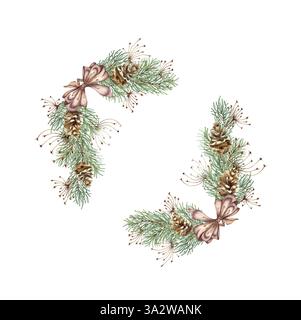 Branches de sapin avec arc brun, herbe et pommes de pin illustration aquarelle. Plantes forestières pour l'hiver, Noël et le décor du nouvel an. Isolé du Banque D'Images