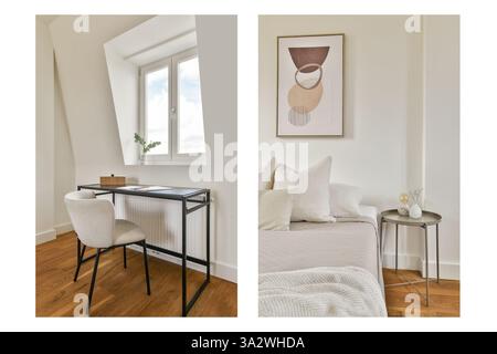 Un intérieur moderne et élégant avec un espace de travail confortable et un coin salon confortable, mettant l'accent sur le minimalisme et la lumière naturelle. Banque D'Images