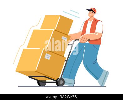 Le déménageur d'uniforme transporte le chariot de chargement avec des caisses. Déménagement, service de livraison. Ouvrier d'entrepôt de la compagnie de transport Illustration de Vecteur
