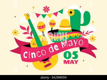 Cinco de Mayo Mexican Holiday Celebration illustration vectorielle mettant en vedette des boissons de Cactus, guitare, Sombrero et Tequila dans un fond de style plat Illustration de Vecteur
