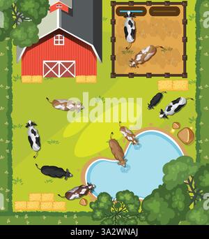 Vaches qui paissent et boivent près d'une grange et d'un étang Illustration de Vecteur