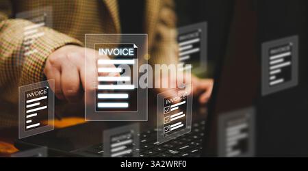 Un homme d'affaires interagissant avec une interface de facturation numérique, symbolisant les transactions financières modernes, la facturation, les paiements numériques et les i électroniques Banque D'Images