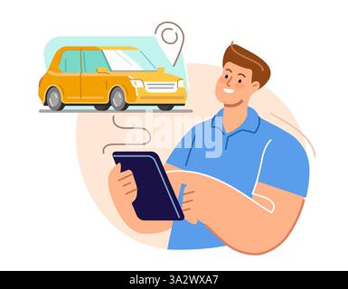 La personne utilise un service de partage de voiture en ligne autonome. Appel taxi. Concept de transport privé. Circulation urbaine Illustration de Vecteur