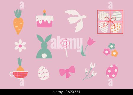 Œufs de Pâques mignons simples, colombe de la paix, lapin, fleurs. Illustrations de Pâques vectorielles de dessin animé pour autocollants, éléments décoratifs, carte, invitation. Illustration de Vecteur