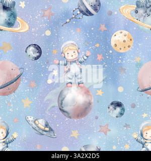 Illustration aquarelle de Seamless Pattern avec astronaute flottant dans l'espace, entouré d'objets célestes, de planètes et d'OVNIS. Dessin de Cosmos dans des tons pastel doux pour papier peint bébé ou lin. Banque D'Images