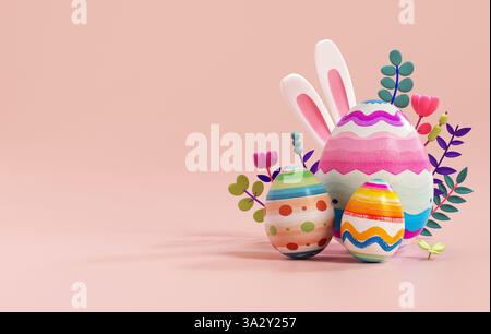 Joyeuse scène de Pâques pour le modèle de bannière de voeux avec des œufs décorés, des oreilles de lapin ludiques et un espace de copie dans des couleurs pastel. Style de bande dessinée moderne coloré Banque D'Images