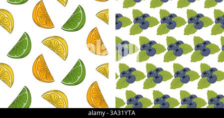 Orange Lime Lemon tranches de bleuets menthe Leaves Seamless Pattern fruits Background concept Set 2. Illustration vectorielle isolée Wrapping papier peint cartes thématiques, affiches ou bannière promo Web, dépliants Illustration de Vecteur