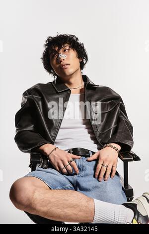 Jeune homme asiatique, cool et à la mode, pose avec confiance dans un studio. Il respire le style moderne. Banque D'Images