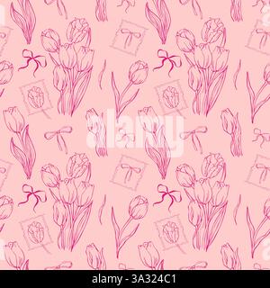 Patern sans couture de tulipes et ruban sur fond rose Illustration de Vecteur