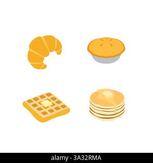 croissants gaufres tarte crêpes petit déjeuner boulangerie produits cuits au four emoji symbole signe icône illustration vectorielle Illustration de Vecteur