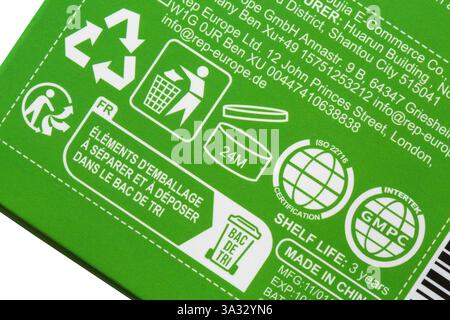Renseignements sur le recyclage au dos du paquet du patch anti-douleur Eelhoe Banque D'Images