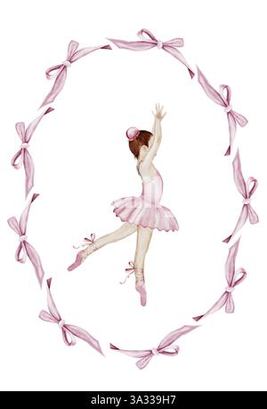 Ballerine Cute Girl aquarelle. Bébé mignon dessiné à la main en tutu rose et chaussures pointues. Danseuse dans un cadre d'arc rose. Dessin vintage sur fond blanc Banque D'Images
