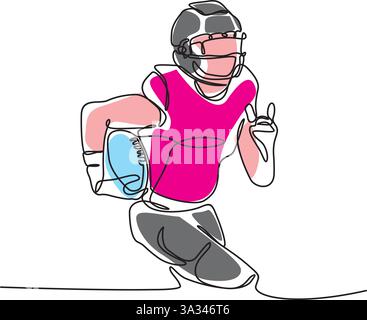 Joueur de football de mouvement fonctionnant avec la balle américaine avec une ligne continue, art de ligne humaine avec des formes de couleur de ping, vecteur Illustration de Vecteur