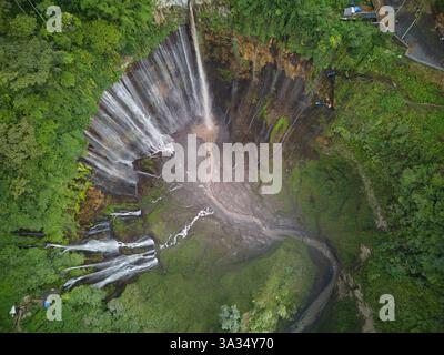 Une photo aérienne à couper le souffle capturant la vaste cascade de Tumpak Sewu entourée d'une forêt tropicale dense. La cascade tombe puissamment dans un naturel Banque D'Images