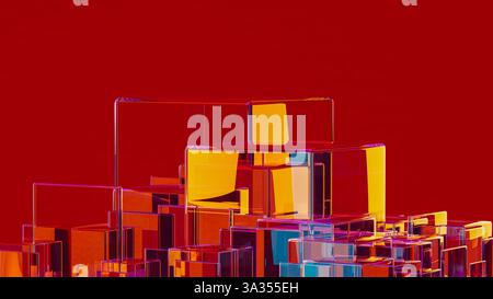 Cette composition présente un arrangement de formes géométriques transparentes sur fond rouge vif, mettant en valeur la technologie moderne. Banque D'Images