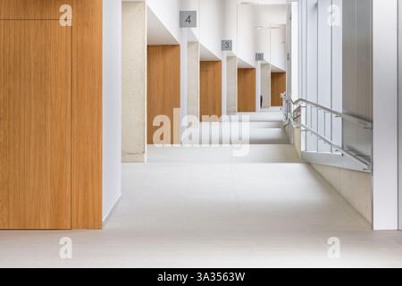Un couloir épuré avec une rangée de portes en bois serrées contre des murs en pierre texturée, illustrant la fusion du design moderne et des matériaux naturels. Banque D'Images