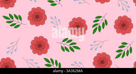 Motif floral sans couture avec des fleurs roses rouges et des feuilles vertes sur un fond rose, idéal pour les dessins féminins et romantiques, illustration vectorielle Illustration de Vecteur