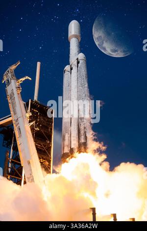 Rocket Lunch Une fusée SpaceX Falcon lourde transportant le vaisseau spatial NASAS Europa Clipper soulève des éléments de fond de lune de cette image fournie par la nasa Banque D'Images