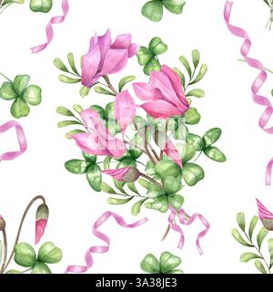 Cyclamen rose, feuilles de trèfle et herbes avec ruban rose sans couture motif isolé fond. Illustration aquarelle de bouquet de fleurs de printemps Banque D'Images
