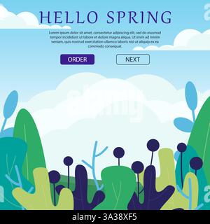 Bonjour Spring vecteur carte postale. Carte d'invitation, sac à dos et tourisme de plein air. Fond floral de plantes à feuillage d'été lumineux. Plat multicolore v Illustration de Vecteur