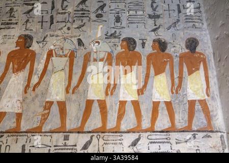 Détail intérieur de la tombe du pharaon Horemheb, KV57 dans la Vallée des Rois, Louxor Egypte Banque D'Images