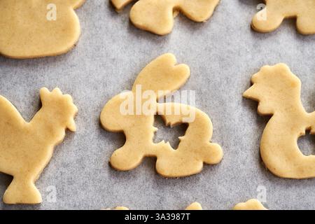 Biscuits Linzer en forme d'animaux de Pâques découpés dans de la pâte à pâtisserie crue Banque D'Images