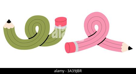 Illustration vectorielle de jeu de crayons. Crayon simple coloré flexible torsadé dans différentes formes comme un nœud, une coche, un pli, des griffonnages. Retour à l'école Illustration de Vecteur
