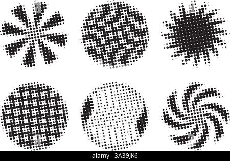 Ensemble de cercles demi-teintes à pois noirs, collection de formes rondes vintage à la mode, formes radiales rétro vectorielles, dégradés sombres avec effet grunge, monochrome Illustration de Vecteur
