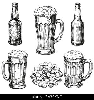 Mettez la tasse, la bouteille et l'apéritif de bière. Bière. sur fond blanc Illustration de Vecteur