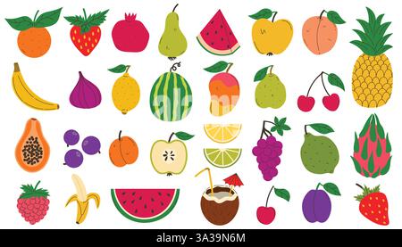 Ensemble de fruits et baies colorés. Style minimaliste abstrait moderne. Collection de fruits tropicaux naturels. Illustration de Vecteur