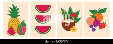 Affiches d'été lumineuses ensemble avec des fruits et des baies. Cartes juteuses d'été avec pastèque et ananas, noix de coco et fraise. Design moderne et tendance pour Illustration de Vecteur