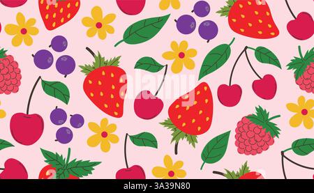 Motif sans couture de fruits avec différents fruits d'été, fraise, framboise, myrtille, cerises Illustration de Vecteur