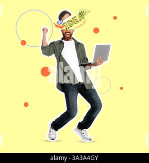 Collage artistique créatif. Homme avec ordinateur portable sur fond jaune. Idée, business plan et concepts de développement Banque D'Images