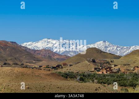 Montagnes de l'Atlas enneigées et forêt de pins entre Marrakech et Ouarzazate Banque D'Images