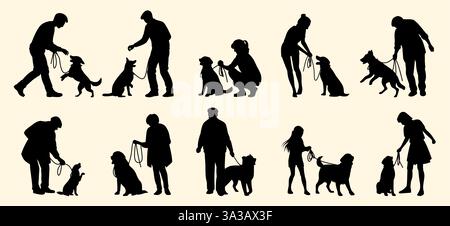 Une collection de silhouettes noires représentant des personnes qui s'entraînent et promènent leurs chiens dans diverses poses. Illustration de Vecteur