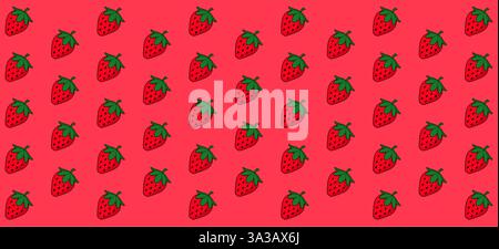 Un motif rouge vif avec des fraises illustrées avec des feuilles vertes, créant un design ludique. Illustration de Vecteur