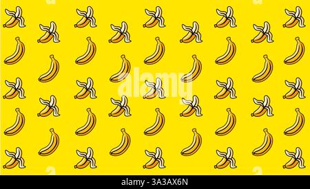 Un motif jaune vif représentant des bananes entières et pelées dans un design ludique. Illustration de Vecteur