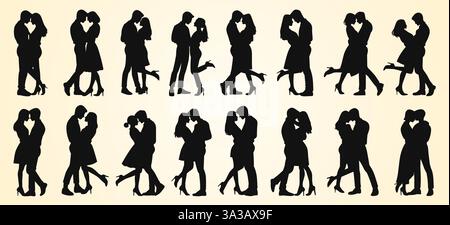 Silhouettes de couples dans des poses romantiques, montrant des moments intimes d'affection. Illustration de Vecteur