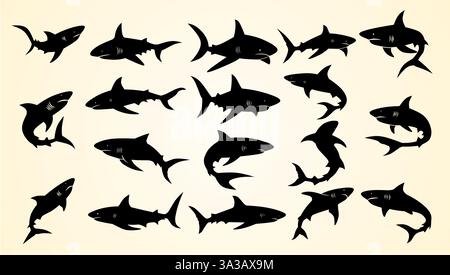 Silhouettes de requins dans diverses poses dynamiques, mettant en valeur leur puissance et leur élégance aquatique. Illustration de Vecteur