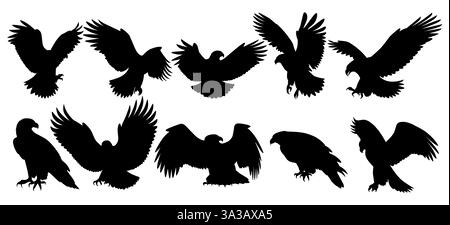 Une collection de majestueuses silhouettes d'aigle dans diverses poses, capturant leur puissance et leur grâce. Illustration de Vecteur