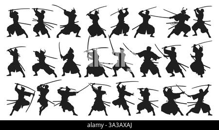 Silhouettes de guerriers samouraïs pratiquant diverses positions et techniques de combat à l'épée. Illustration de Vecteur