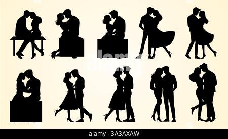 Silhouettes de couples dans des poses romantiques, montrant des moments intimes d'affection. Illustration de Vecteur